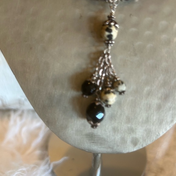 French Onyx, Dalmatian Faceted Beads, 925 Sterling Silver Necklace & Earrings. - Picture 4 of 13